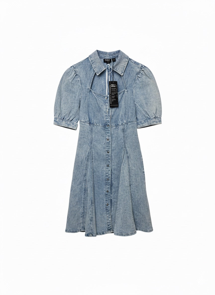 Vestido Denim Midi Manga Corta Cinturón