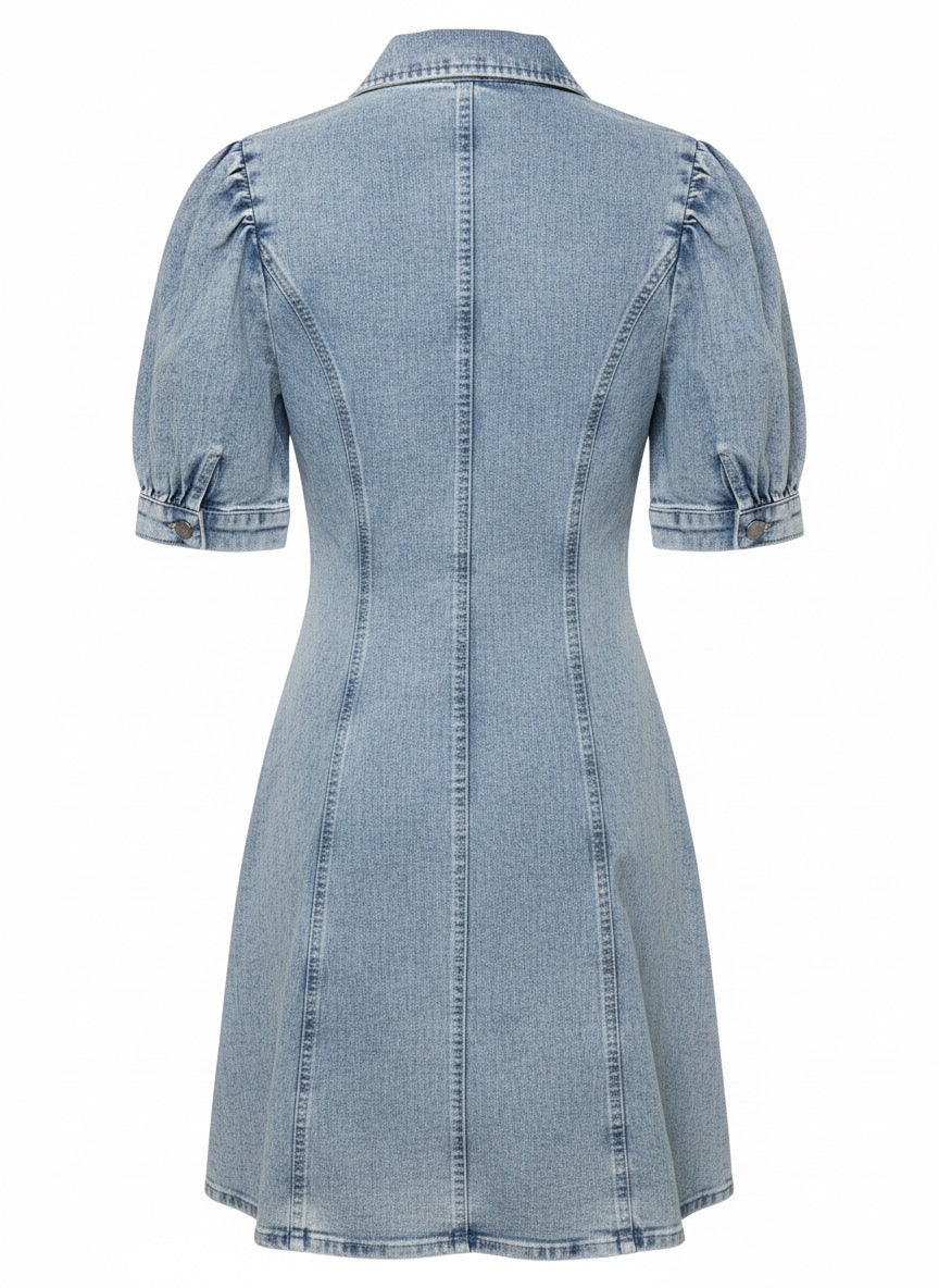 Vestido Denim Midi Manga Corta Cinturón