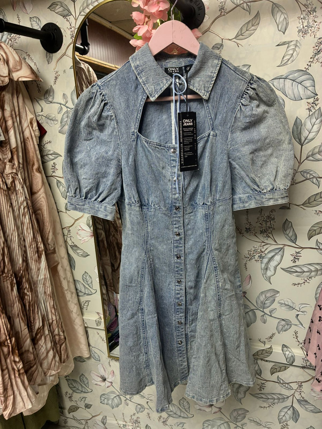 Vestido Denim Midi Manga Corta Cinturón