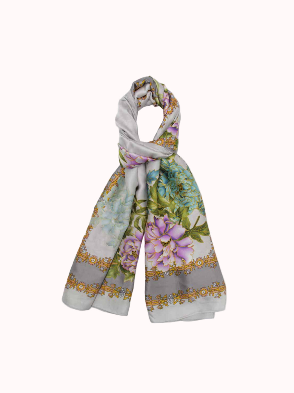 Pañuelo de Seda – Peonías y Borde Dorado