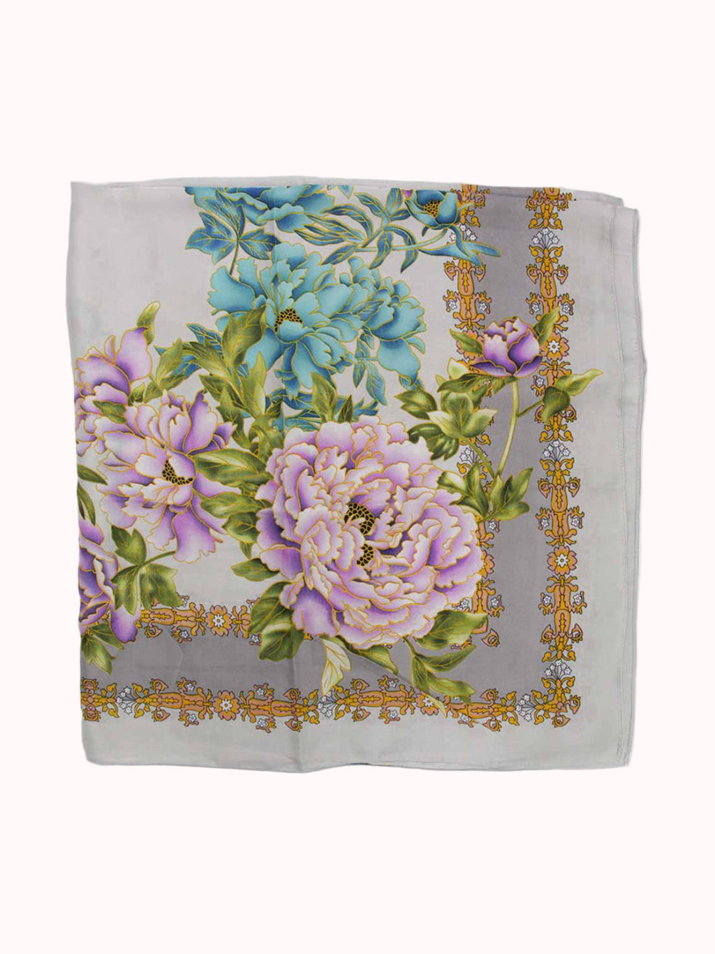 Pañuelo de Seda – Peonías y Borde Dorado