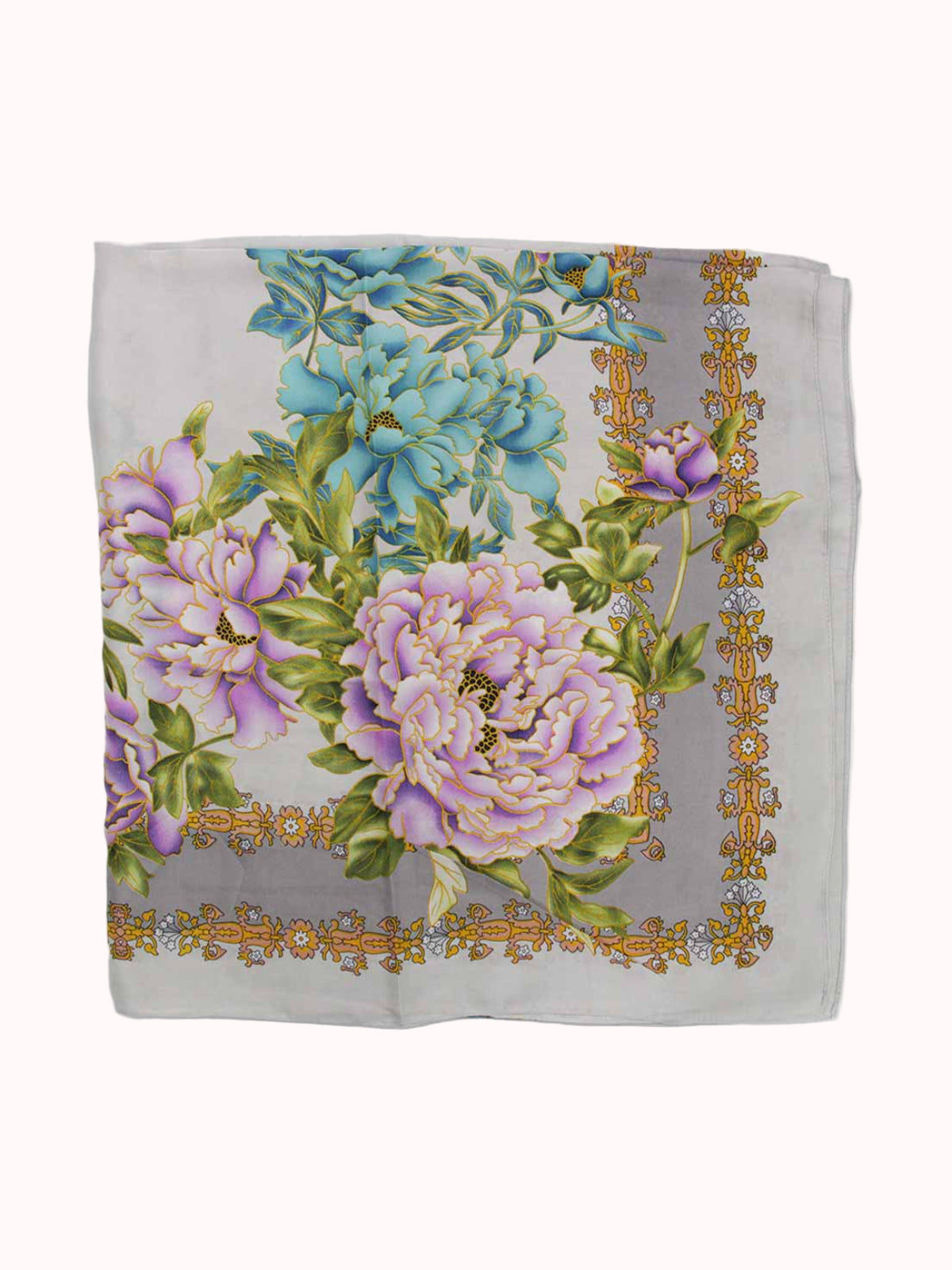 Pañuelo de Seda – Peonías y Borde Dorado